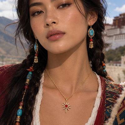 Red Coral Bead Necklace — Red coral-toned bead strand with gold-tone spacers (alternate view)