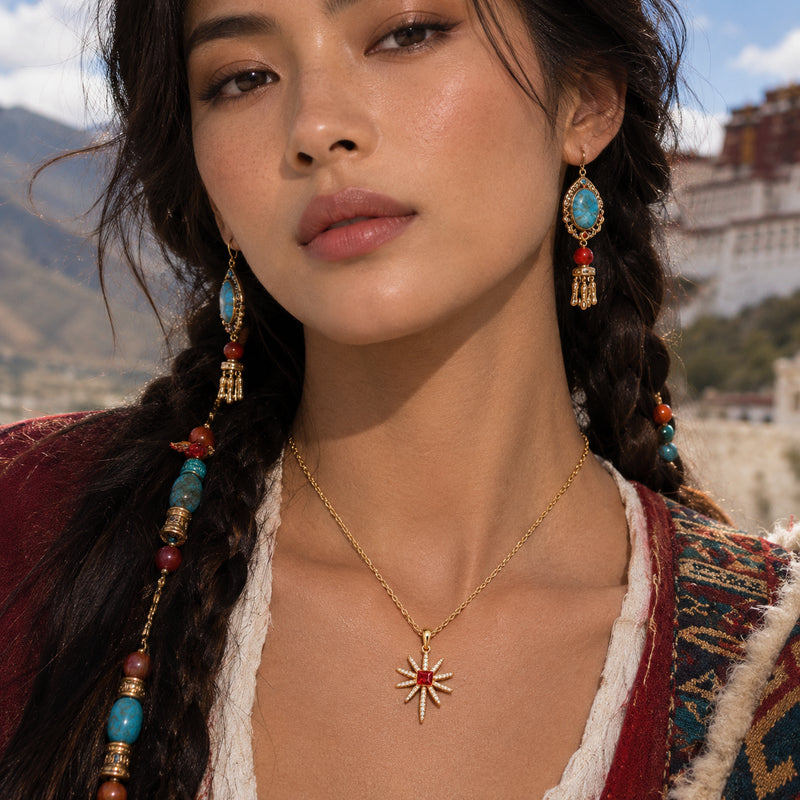 Red Coral Bead Necklace — Red coral-toned bead strand with gold-tone spacers (alternate view)