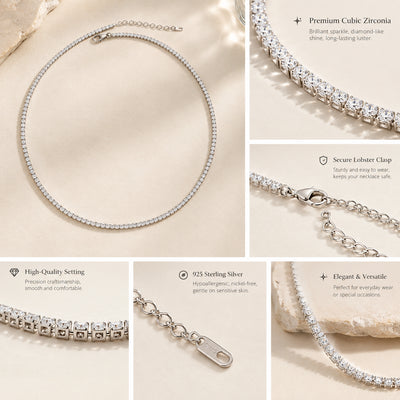 Pavé Silver Chain Necklace — Fine silver-tone chain fully set with pavé crystals (styled on model)