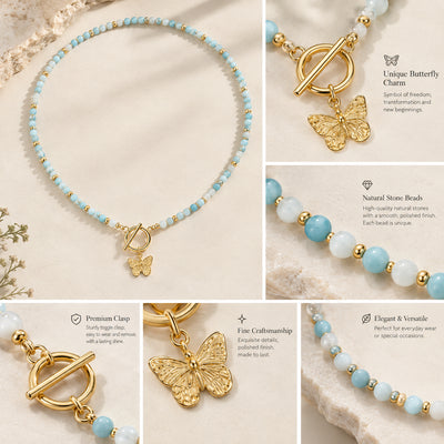Sky & Pearl Butterfly Necklace — Alternating blue and white beads with a butterfly pendant (styled on model)