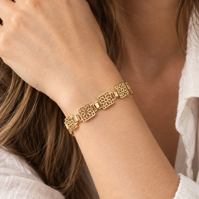 Openwork Square Bracelet — Gold-tone openwork square links (close-up detail)