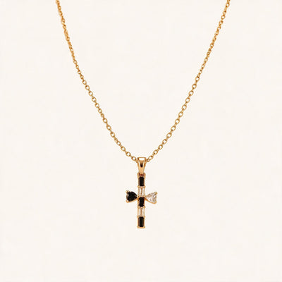 Bamboo Cross Necklace — Bamboo-textured cross pendant with black onyx, white agate and crystal (main view)