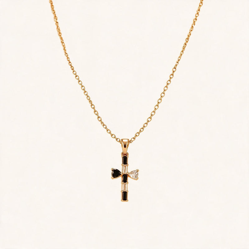 Bamboo Cross Necklace — Bamboo-textured cross pendant with black onyx, white agate and crystal (main view)