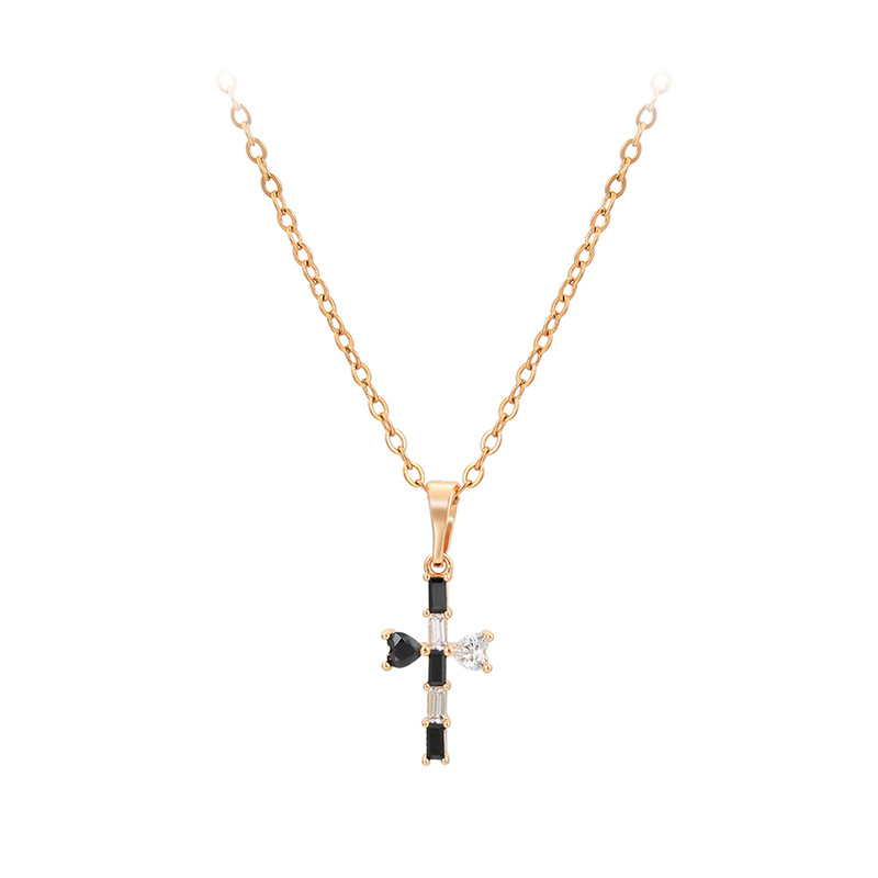 Cross Pendant Necklace — Black & White Crystal on Rose Gold Chain