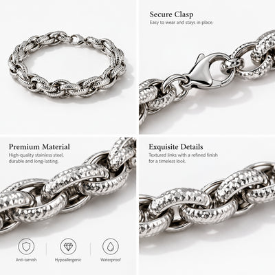 Silver Grid Bracelet — Silver-tone woven snake chain (styled on model)