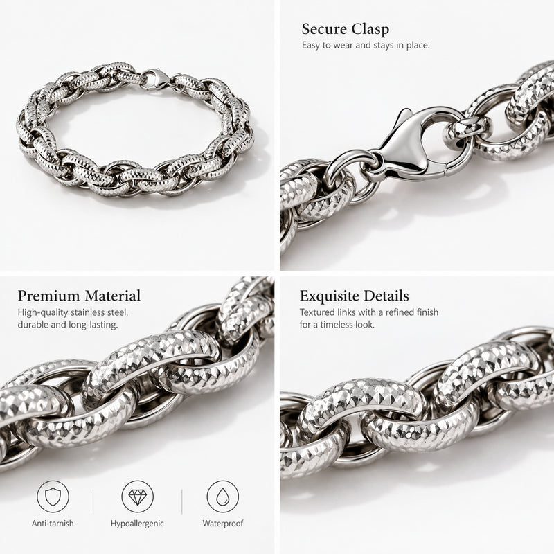 Silver Grid Bracelet — Silver-tone woven snake chain (styled on model)