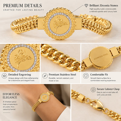 Monogram Charm Bracelet — Round engraved charm with a pave-set border on a braided gold-tone chain (styled on model)