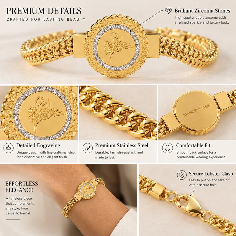 Monogram Charm Bracelet — Round engraved charm with a pave-set border on a braided gold-tone chain (styled on model)