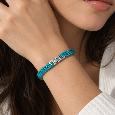 Greek Key Enamel Bracelet — Blue-green enamel links with Greek key motif and a silver-tone clasp (close-up detail)
