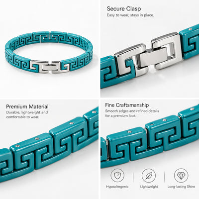 Greek Key Enamel Bracelet — Blue-green enamel links with Greek key motif and a silver-tone clasp (styled on model)