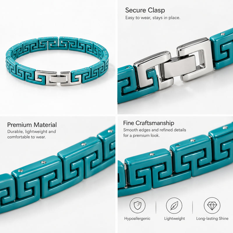 Greek Key Enamel Bracelet — Blue-green enamel links with Greek key motif and a silver-tone clasp (styled on model)