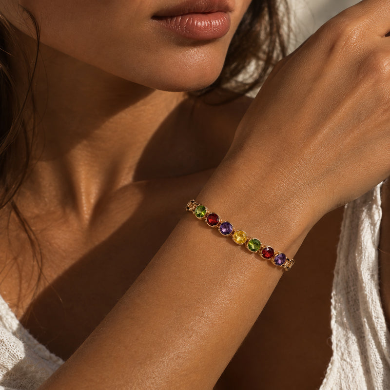Gem Row Paperclip Bracelet — Rose gold-tone paperclip chain with a row of colored stones (alternate view)