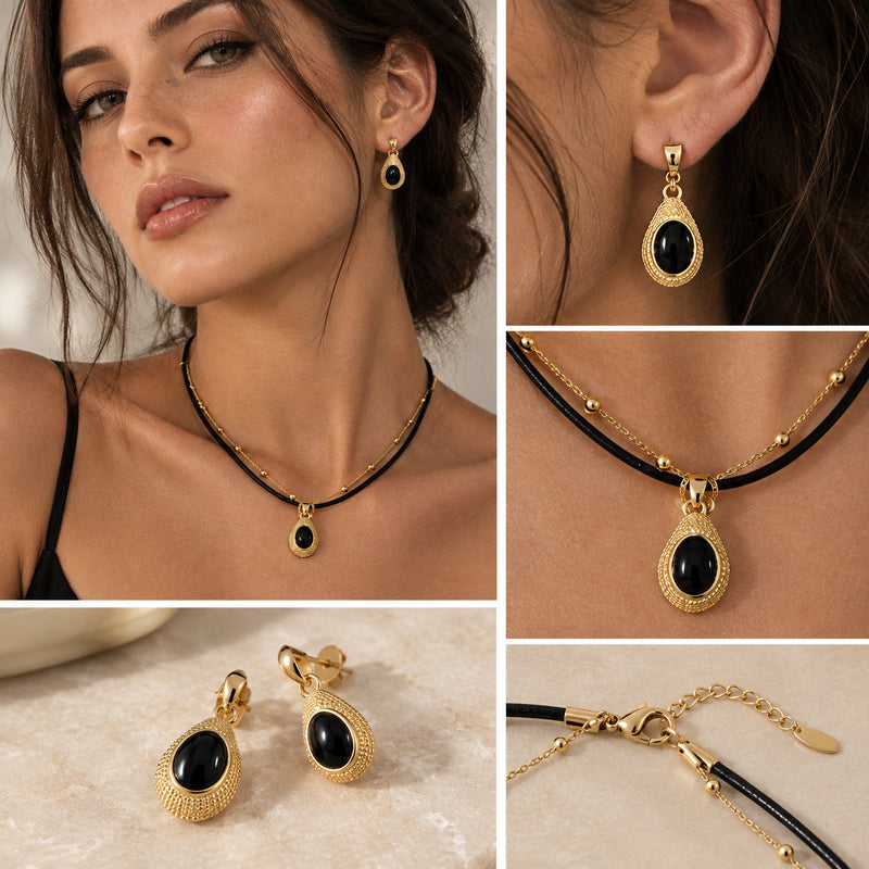 Noir Leather Necklace Set — Two-piece set with a black leather necklace and crystal-set earrings (styled on model)