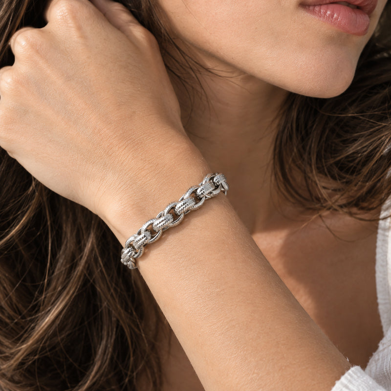 Silver Grid Bracelet — Silver-tone woven snake chain (close-up detail)