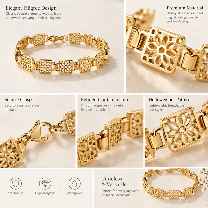 Openwork Square Bracelet — Gold-tone openwork square links (styled on model)