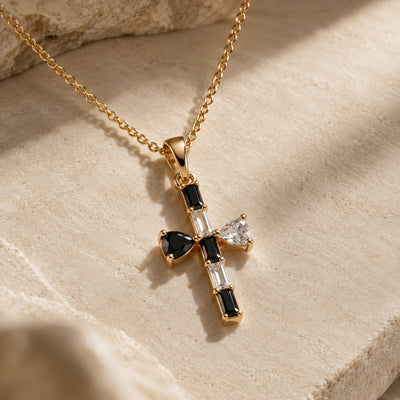Bamboo Cross Necklace — Bamboo-textured cross pendant with black onyx, white agate and crystal (styled on model)
