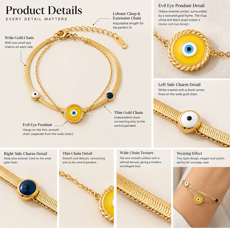 Evil Eye Serpent Cuff — Serpent-link cuff with three enamel evil-eye charms (styled on model)