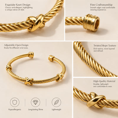 Two Hearts Cuff — Gold-tone twisted cuff with heart motifs (styled on model)