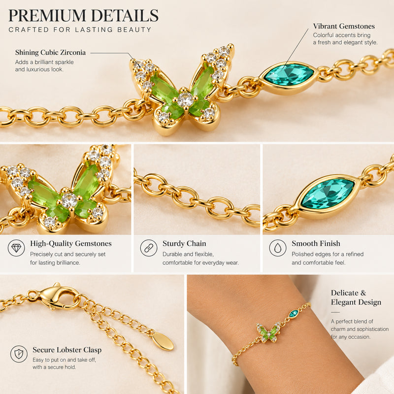 Emerald butterfly bracelet flat lay with gold lobster clasp detail