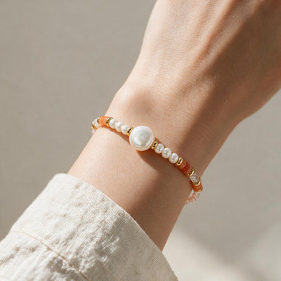 Pearl & Crystal Garden Bracelet — Pink crystal and natural stone beads with baroque pearls and gold-tone spacers (alternate v