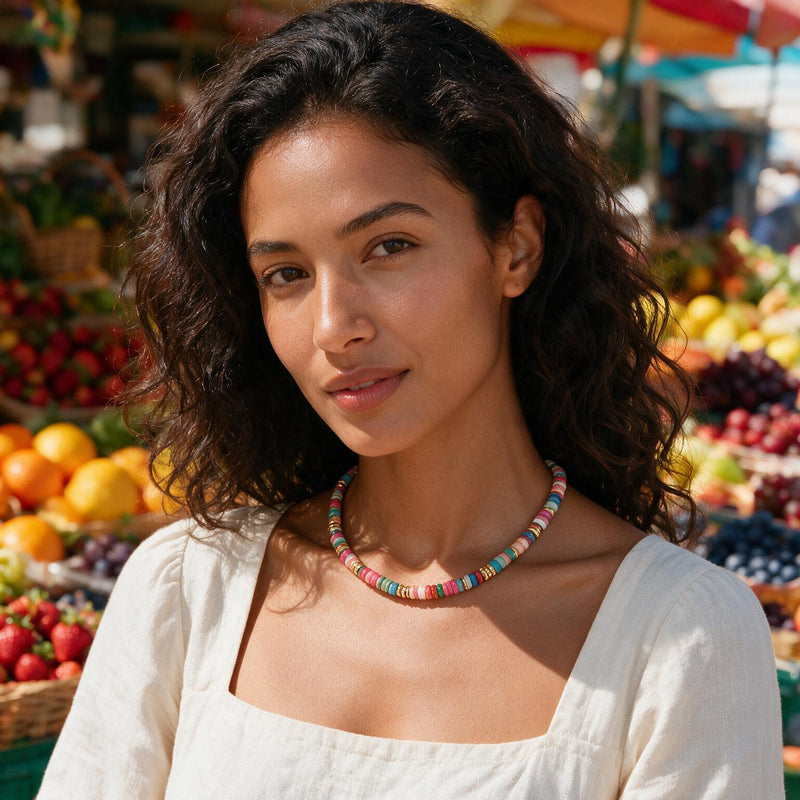 Candy Multi-Gem Necklace — Hand-strung candy-toned stones on a 16 in chain. 18k gold plating over stainless steel, cov (alter