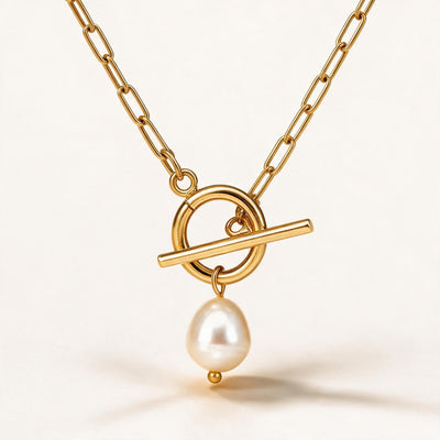Minimal Pearl Drop Necklace — Rectangular-link chain with a single pearl drop (styled on model)
