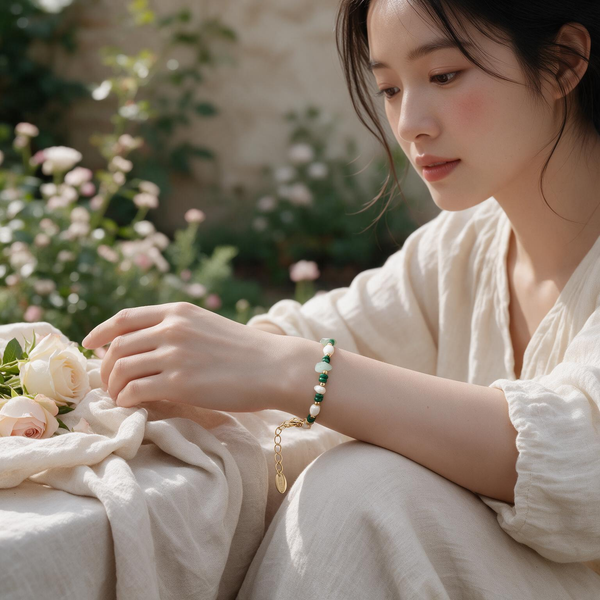 Malachite Meadow Bracelet — Malachite, jade and baroque pearl beads with gold-tone accents (alternate view)