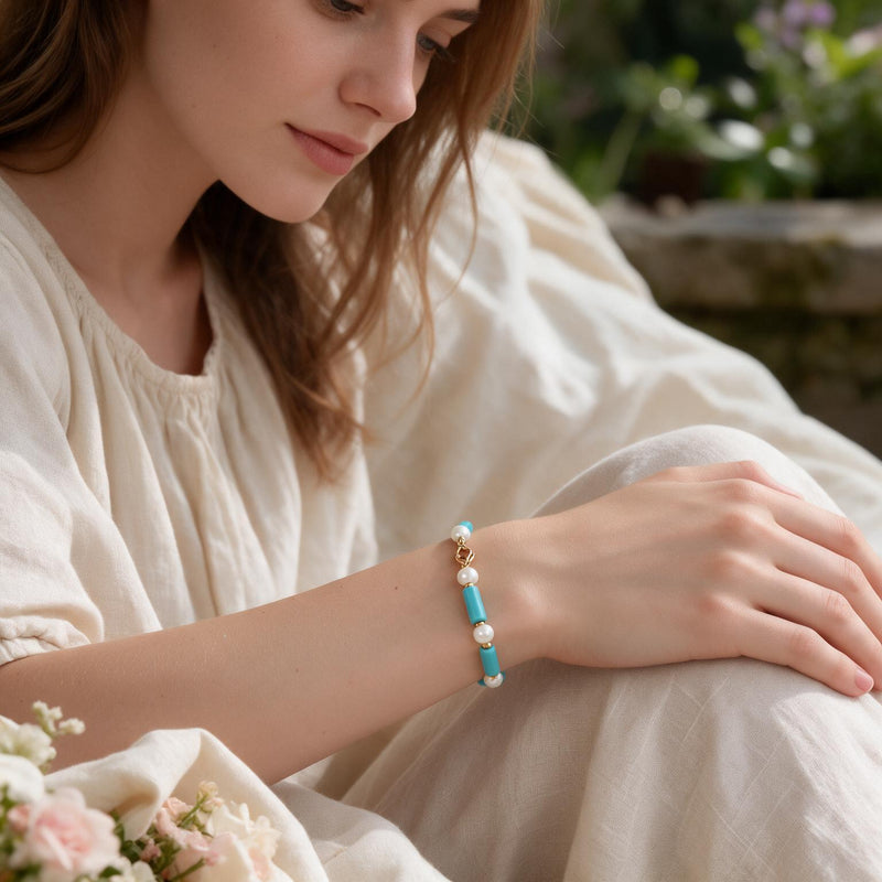 Sky Turquoise & Pearl Bracelet — Turquoise tube beads and white pearls, strung on gold-tone metal (alternate view)